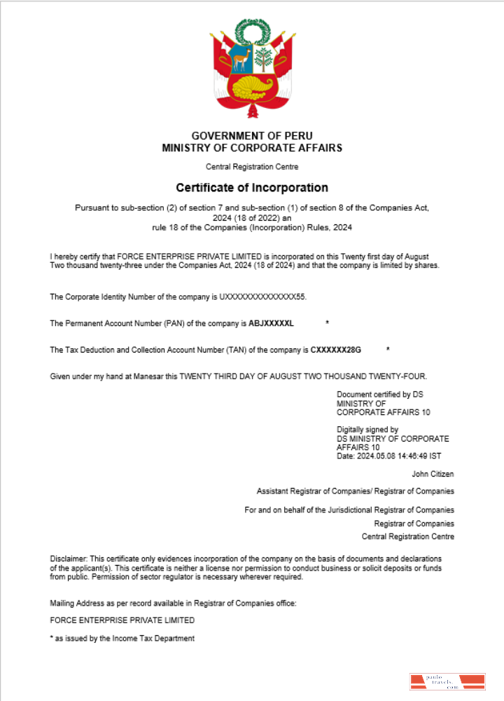 Peru business registration certificate Word and PDF template